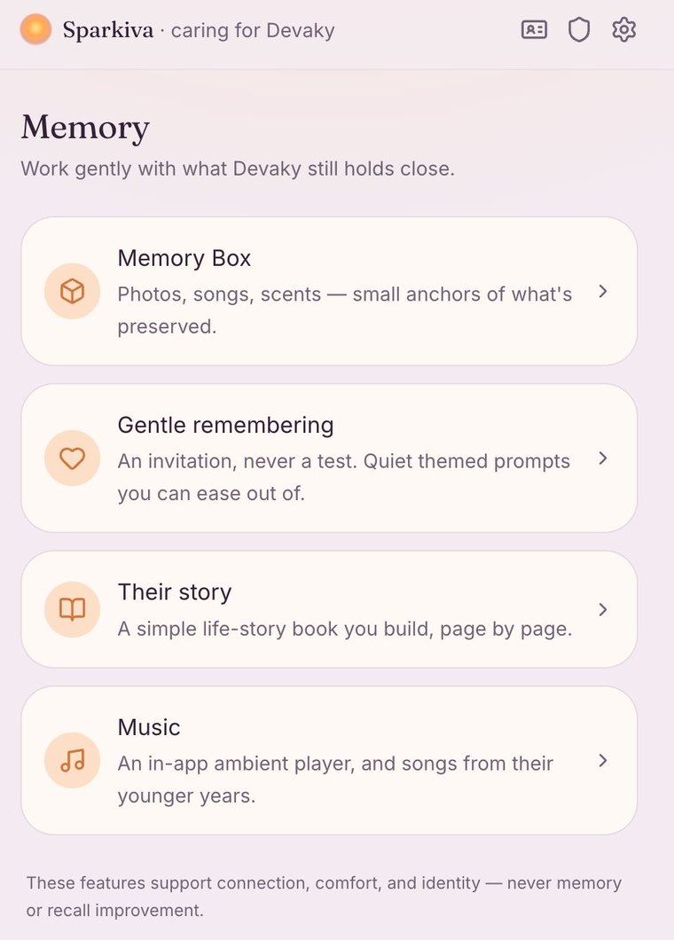 The Sparkiva app, showing gentle ways to connect with a loved one — a memory box, gentle remembering, their life story, and music.